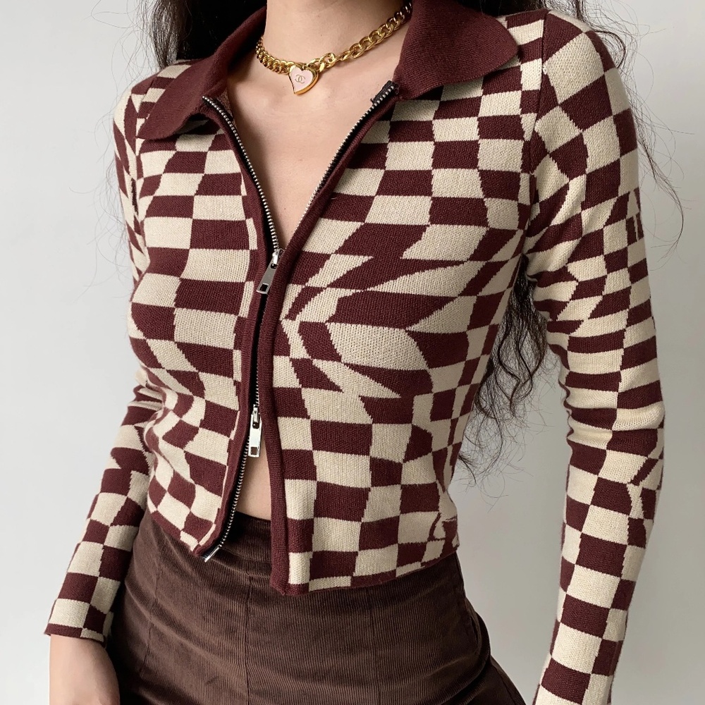PELLUCID Irregular Checker Double Zipper Cardigan